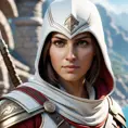 A closeup of Kassandra from Assassins Creed in white armor, 8k, Highly Detailed, Artstation, Beautiful, Digital Illustration, Sharp Focus, Unreal Engine, Concept Art