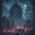 Hyper Detailed illustration of an eerie dystopian graveyard at night, 8k, Gothic and Fantasy, Horror, Epic, Sharp Focus, Deviantart by Alena Aenami, Studio Ghibli