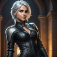 Alluring matte portrait of a beautiful Ciri wearing a black leather full body suit, 8k, Highly Detailed, Intricate, Realistic, Sharp Focus, Volumetric Lighting, Fantasy, Elegant by Stanley Artgerm Lau, WLOP