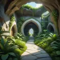 Arc hallway for secret overwatch habitation quarters carved inside a cave surrounding a lush garden, 8k, Trending on Artstation, Minimalism, Unimaginable Beauty, Sharp Focus, 3D Rendering, Unreal Engine, Natural Light, Concept Art, Naturalism