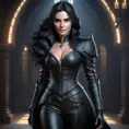 Alluring matte portrait of a beautiful Yennefer in black leather, 8k, Full Body, Realistic, Volumetric Lighting, Fantasy by Stanley Artgerm Lau, WLOP