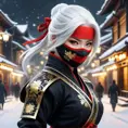 Mysterious beautiful white kunoichi ninja wearing black, red and gold in the streets of a dark snowy town in russia, 8k, Intricate Details, Trending on Artstation, White Hair by Stanley Artgerm Lau, WLOP