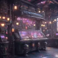 futuristic antique shop, 8k, Dystopian, High Definition, Highly Detailed, Hyper Detailed, Intricate, Intricate Artwork, Intricate Details, Ultra Detailed, Cgsociety, Cybernatic and Sci-Fi, Post-Apocalyptic, Biomechanical, Biopunk, Cassette Futurism, Cyberpunk, Futuristic, Lunarpunk, Pixiecore, Sci-Fi, Science Fiction, Solarpunk, Sparklecore, Unimaginable Beauty, Voidpunk, Matte Painting, Sharp Focus by Stefan Kostic