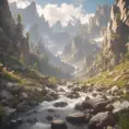 Lake in mountains streams and rivers flow down slopes of mountains and rocks into the valley spring in mountains, 8k, Award-Winning, Highly Detailed, Beautiful, Octane Render, Unreal Engine, Radiant, Volumetric Lighting by Greg Rutkowski