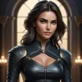 Alluring matte half body portrait of a beautiful Kassandra wearing tight black leather, 8k, Highly Detailed, Intricate, Realistic, Sharp Focus, Volumetric Lighting, Fantasy, Elegant by Stanley Artgerm Lau, WLOP