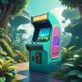 80s futuristic outdoor retro arcade, desolate, lush vegetation, Highly Detailed, Intricate, Artstation, Sharp Focus, Smooth, Octane Render, Centered, Dynamic, Elegant by Beeple, Justin Gerard, James Gilleard, Simon Stalenhag