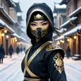 Wallpaper of a mysterious beautiful masked kunoichi ninja wearing eyeliner and gold jewelry in the streets of a dark snowy town in moscow, fluid motion, 8k, Intricate Details, Trending on Artstation, Beautiful, Stunning, Centered by Stanley Artgerm Lau, WLOP