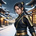 Mysterious beautiful armed kunoichi ninja wearing eyeliner and gold jewelry in the streets of a dark snowy town, 8k, Intricate Details, Trending on Artstation, Beautiful, Stunning, Centered by Stanley Artgerm Lau, WLOP