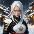 Mysterious beautiful white kunoichi ninja wearing black, red and gold in the streets of a dark snowy town in russia, 8k, Intricate Details, Trending on Artstation, White Hair by Stanley Artgerm Lau, WLOP