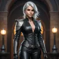 Alluring matte full body portrait of a beautiful Ciri wearing a black leather suit, 8k, Highly Detailed, Intricate, Realistic, Sharp Focus, Volumetric Lighting, Fantasy, Elegant by Stanley Artgerm Lau, WLOP