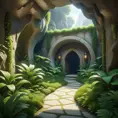 Arc hallway for secret overwatch habitation quarters carved inside a cave surrounding a lush garden, 8k, Trending on Artstation, Minimalism, Unimaginable Beauty, Sharp Focus, 3D Rendering, Unreal Engine, Natural Light, Concept Art, Naturalism