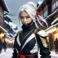 Mysterious beautiful white kunoichi ninja wearing black, red and gold in the streets of a dark snowy town in russia, 8k, Intricate Details, Trending on Artstation, White Hair by Stanley Artgerm Lau, WLOP