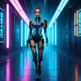 Beautiful woman walking with beatiful and detailed eyes, dynamic pose, slightly athletic beatiful body, Cybernatic and Sci-Fi, Full Body, Cyberpunk, Blade Runner 2049, Neon light effect, Neon, Futurism