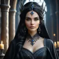 Alluring portrait of a beautiful gothic black haired sorceress in the style of Stefan Kostic, 8k, High Definition, Highly Detailed, Intricate, Half Body, Realistic, Sharp Focus, Fantasy, Elegant