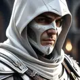 A closeup of an assassin in white Assassins Creed armor, 8k, Highly Detailed, Artstation, Beautiful, Digital Illustration, Sharp Focus, Unreal Engine, Concept Art