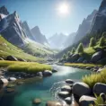 Lake in mountains streams and rivers flow down slopes of mountains and rocks into the valley spring in mountains, 8k, Award-Winning, Highly Detailed, Beautiful, Octane Render, Unreal Engine, Radiant, Volumetric Lighting by Greg Rutkowski