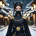 Mysterious beautiful armed kunoichi ninja wearing eyeliner and gold jewelry in the dark snowy streets of tokyo, 8k, Intricate Details, Trending on Artstation, Beautiful, Stunning, Centered by Stanley Artgerm Lau, WLOP