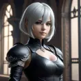 Alluring matte half body portrait of a beautiful 2B from Nier Automata wearing tight black leather, 8k, Highly Detailed, Intricate, Realistic, Sharp Focus, Volumetric Lighting, Fantasy, Elegant by Stanley Artgerm Lau, WLOP