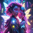 A Cyberpunk half bee and half Human girl with vizor, Cybernatic and Sci-Fi, Cityscape, Bloom light effect, Colorful, Ecstatic, Exciting, Joyful