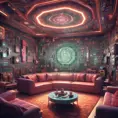 Imagine a modern and technology-inspired living room with a unique twist. The centerpiece of the room is a striking circuit board interior wallpaper that covers one wall. The wallpaper features intricate circuit board diagrams, electronic symbols, and vibrant metallic tones, Vintage Illustration, Retro-Futurism, Sci-Fi by Greg Rutkowski