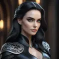 Alluring matte half body portrait of a beautiful Morgana wearing tight black leather, 8k, Highly Detailed, Intricate, Realistic, Sharp Focus, Volumetric Lighting, Fantasy, Elegant by Stanley Artgerm Lau, WLOP