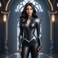 Alluring matte full body portrait of a beautiful Irelia wearing a black leather body suit, 8k, Highly Detailed, Intricate, Realistic, Sharp Focus, Volumetric Lighting, Fantasy, Elegant by Stanley Artgerm Lau, WLOP