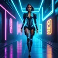 Beautiful woman walking with beatiful and detailed eyes, dynamic pose, slightly athletic beatiful body, Cybernatic and Sci-Fi, Full Body, Cyberpunk, Blade Runner 2049, Neon light effect, Neon, Futurism