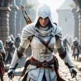 A female assassin in white Assassins Creed armor emerging from battle, 8k, Artstation, Beautiful, Unreal Engine, Volumetric Lighting