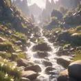 Lake in mountains streams and rivers flow down slopes of mountains and rocks into the valley spring in mountains, 8k, Award-Winning, Highly Detailed, Beautiful, Octane Render, Unreal Engine, Radiant, Volumetric Lighting by Greg Rutkowski