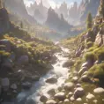 Lake in mountains streams and rivers flow down slopes of mountains and rocks into the valley spring in mountains, 8k, Award-Winning, Highly Detailed, Beautiful, Octane Render, Unreal Engine, Radiant, Volumetric Lighting by Greg Rutkowski