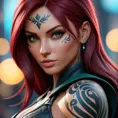 Close up of Katarina with tattoos, 8k, Highly Detailed, Artstation, Bokeh effect, Sharp Focus, Volumetric Lighting, Concept Art by Stanley Artgerm Lau, Greg Rutkowski