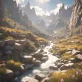 Lake in mountains streams and rivers flow down slopes of mountains and rocks into the valley spring in mountains, 8k, Award-Winning, Highly Detailed, Beautiful, Octane Render, Unreal Engine, Radiant, Volumetric Lighting by Greg Rutkowski