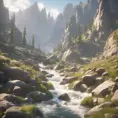 Lake in mountains streams and rivers flow down slopes of mountains and rocks into the valley spring in mountains, 8k, Award-Winning, Highly Detailed, Beautiful, Octane Render, Unreal Engine, Radiant, Volumetric Lighting by Greg Rutkowski