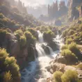 Lake in mountains streams and rivers flow down slopes of mountains and rocks into the valley spring in mountains, 8k, Award-Winning, Highly Detailed, Beautiful, Octane Render, Unreal Engine, Radiant, Volumetric Lighting by Greg Rutkowski