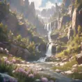 Lake in mountains streams and rivers flow down slopes of mountains and rocks into the valley spring in mountains, 8k, Award-Winning, Highly Detailed, Beautiful, Octane Render, Unreal Engine, Radiant, Volumetric Lighting by Greg Rutkowski