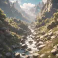 Lake in mountains streams and rivers flow down slopes of mountains and rocks into the valley spring in mountains, 8k, Award-Winning, Highly Detailed, Beautiful, Octane Render, Unreal Engine, Radiant, Volumetric Lighting by Greg Rutkowski