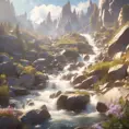 Lake in mountains streams and rivers flow down slopes of mountains and rocks into the valley spring in mountains, 8k, Award-Winning, Highly Detailed, Beautiful, Octane Render, Unreal Engine, Radiant, Volumetric Lighting by Greg Rutkowski