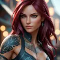 Close up of Katarina with tattoos, 8k, Highly Detailed, Artstation, Bokeh effect, Sharp Focus, Volumetric Lighting, Concept Art by Stanley Artgerm Lau, Greg Rutkowski