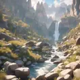 Lake in mountains streams and rivers flow down slopes of mountains and rocks into the valley spring in mountains, 8k, Award-Winning, Highly Detailed, Beautiful, Octane Render, Unreal Engine, Radiant, Volumetric Lighting by Greg Rutkowski