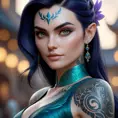Close up of Morgana with tattoos, 8k, Highly Detailed, Artstation, Bokeh effect, Sharp Focus, Volumetric Lighting, Concept Art by Stanley Artgerm Lau, Greg Rutkowski