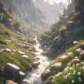 Lake in mountains streams and rivers flow down slopes of mountains and rocks into the valley spring in mountains, 8k, Award-Winning, Highly Detailed, Beautiful, Octane Render, Unreal Engine, Radiant, Volumetric Lighting by Greg Rutkowski