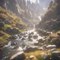Lake in mountains streams and rivers flow down slopes of mountains and rocks into the valley spring in mountains, 8k, Award-Winning, Highly Detailed, Beautiful, Octane Render, Unreal Engine, Radiant, Volumetric Lighting by Greg Rutkowski
