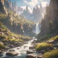 Lake in mountains streams and rivers flow down slopes of mountains and rocks into the valley spring in mountains, 8k, Award-Winning, Highly Detailed, Beautiful, Octane Render, Unreal Engine, Radiant, Volumetric Lighting by Greg Rutkowski