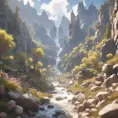 Lake in mountains streams and rivers flow down slopes of mountains and rocks into the valley spring in mountains, 8k, Award-Winning, Highly Detailed, Beautiful, Octane Render, Unreal Engine, Radiant, Volumetric Lighting by Greg Rutkowski