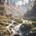 Lake in mountains streams and rivers flow down slopes of mountains and rocks into the valley spring in mountains, 8k, Award-Winning, Highly Detailed, Beautiful, Octane Render, Unreal Engine, Radiant, Volumetric Lighting by Greg Rutkowski