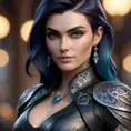 Close up of Morgana with tattoos wearing leather, 8k, Highly Detailed, Alluring, Artstation, Bokeh effect, Sharp Focus, Volumetric Lighting, Concept Art by Stanley Artgerm Lau, Greg Rutkowski