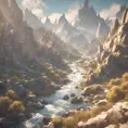 Lake in mountains streams and rivers flow down slopes of mountains and rocks into the valley spring in mountains, 8k, Award-Winning, Highly Detailed, Beautiful, Octane Render, Unreal Engine, Radiant, Volumetric Lighting by Greg Rutkowski