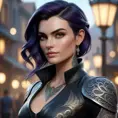 Close up of Morgana with tattoos wearing leather, 8k, Highly Detailed, Alluring, Artstation, Bokeh effect, Sharp Focus, Volumetric Lighting, Concept Art by Stanley Artgerm Lau, Greg Rutkowski