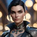 Close up of Morgana with tattoos wearing leather, 8k, Highly Detailed, Alluring, Artstation, Bokeh effect, Sharp Focus, Volumetric Lighting, Concept Art by Stanley Artgerm Lau, Greg Rutkowski