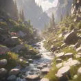Lake in mountains streams and rivers flow down slopes of mountains and rocks into the valley spring in mountains, 8k, Award-Winning, Highly Detailed, Beautiful, Octane Render, Unreal Engine, Radiant, Volumetric Lighting by Greg Rutkowski